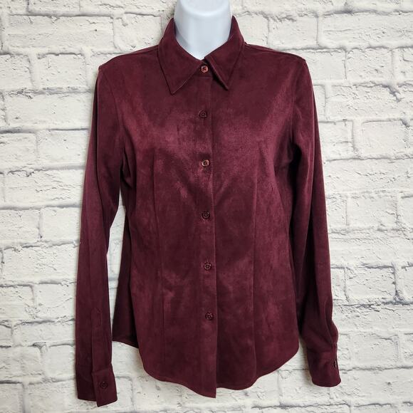 NWT New York & Co Top Size Small Burgandy Suede/Velvet Long Sleeve Button Down - Picture 1 of 10